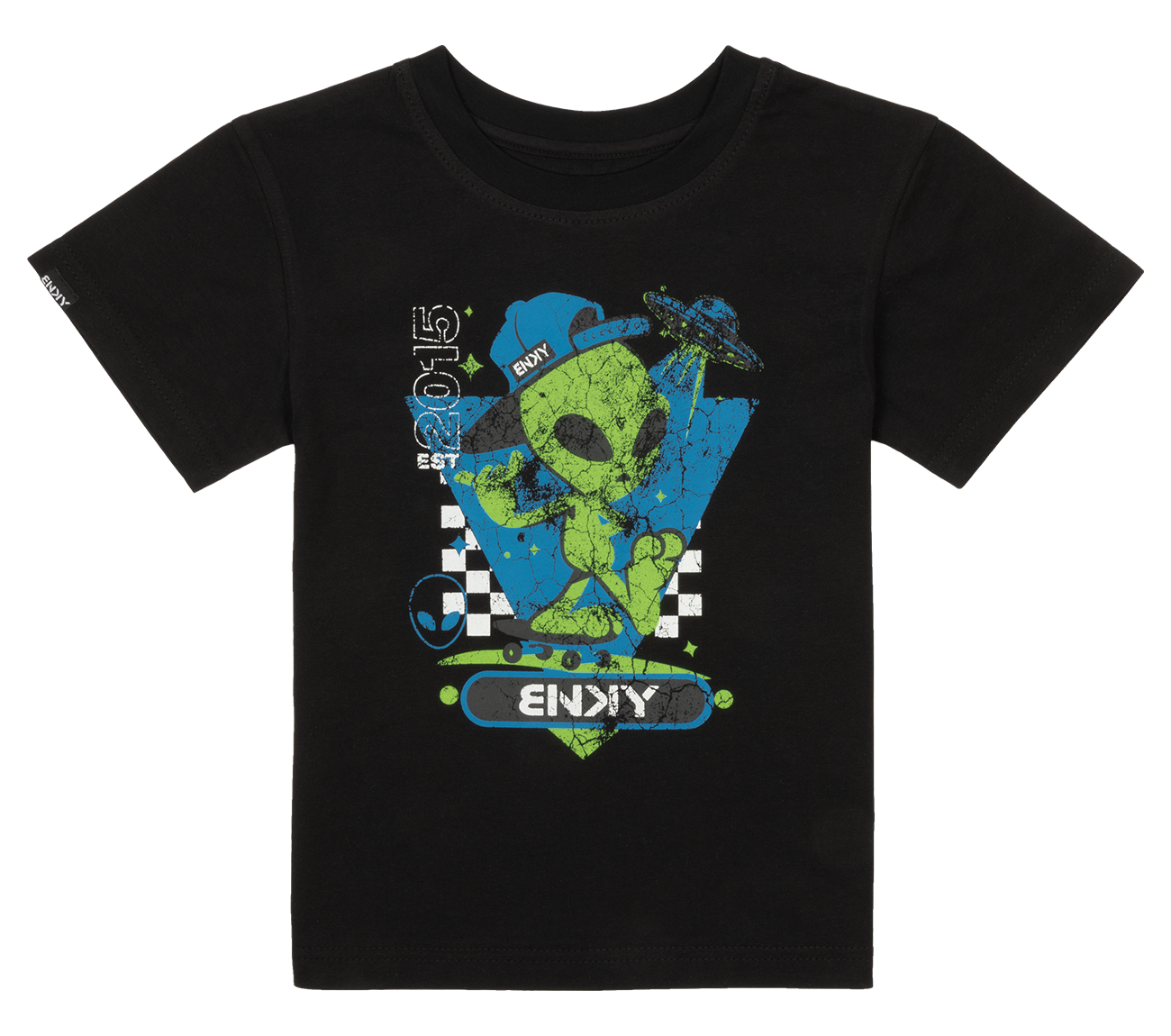 Black t-shirt featuring a colorful alien graphic with a skateboard, perfect for kids who love fun and quirky styles.
