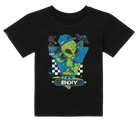Black t-shirt featuring a colorful alien graphic with a skateboard, perfect for kids who love fun and quirky styles.