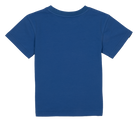Back view of a blue short-sleeve t-shirt for kids, featuring a simple and stylish design. Ideal for casual wear.