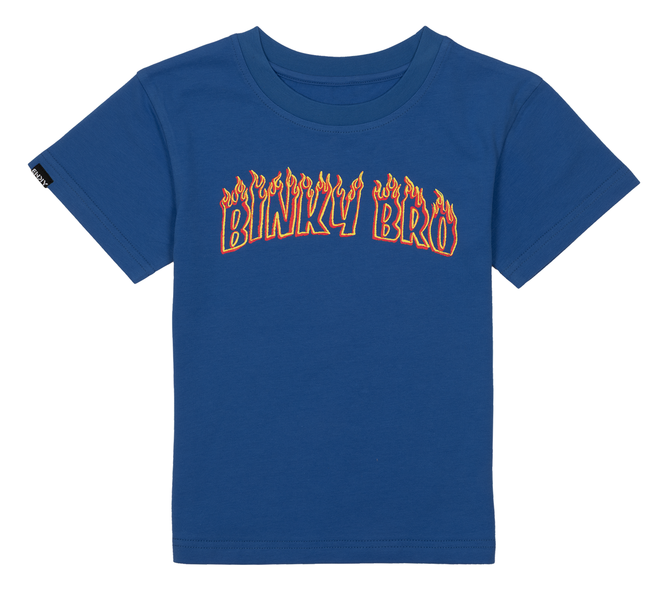 Blue t-shirt featuring "Binky Bro" in flame-inspired lettering, perfect for stylish kids who love a surf-snow-skate vibe.