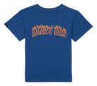 Blue t-shirt featuring "Binky Bro" in flame-inspired lettering, perfect for stylish kids who love a surf-snow-skate vibe.