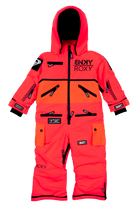 Bright orange Roxy Fire snowsuit for kids featuring multiple zippered pockets and a hood, designed for winter activities.