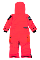 Bright pink Roxy Fire snowsuit for kids, featuring a hood, adjustable cuffs, and multiple pockets for winter adventures.