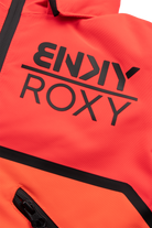 Bright orange Roxy jacket featuring bold black branding and a zippered pocket, designed for active youth.