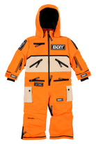 Bright orange BNKY Dragonfire snowsuit with black and cream accents, featuring multiple pockets and a hood for warmth.