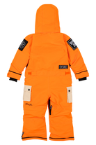Bright orange BNKY Dragonfire snowsuit for kids, featuring a hood and adjustable cuffs, designed for winter adventures.
