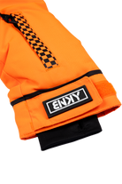 Bright orange BNKY Dragonfire jacket sleeve featuring a checkered zipper and logo patch, designed for stylish youth apparel.