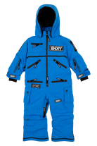 Bright cobalt blue snowsuit for kids featuring multiple zippered pockets and a cozy hood, perfect for winter adventures.