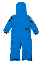Bright cobalt blue snowsuit with a hood, featuring black accents and patches, designed for infants and toddlers.