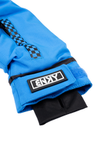 Close-up of the 99-90 BNKY Cobalt jacket featuring a vibrant blue fabric, checkered detailing, and a branded patch.