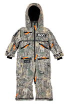Stylish camo snowsuit for kids featuring multiple zippered pockets and a cozy hood, perfect for outdoor adventures.