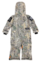 Stylish camo snowsuit for kids featuring a hood, multiple pockets, and a comfortable fit for outdoor adventures.