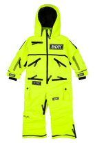 Bright chartreuse snowsuit with multiple zippered pockets and a hood, designed for infants and toddlers. Ideal for winter adventures.