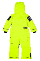 Bright chartreuse snowsuit for kids with adjustable hood and pockets, designed for stylish outdoor adventures.