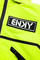 Bright chartreuse jacket featuring a prominent black and white BNKY logo patch and sleek zippered pocket details.