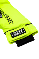 Bright chartreuse BNKY jacket sleeve featuring a checkered pattern and logo patch, designed for active youth.