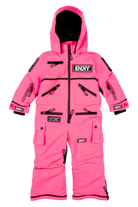 Bright pink BNKY Knockout snowsuit with multiple pockets and adjustable hood for infants and toddlers, perfect for winter adventures.