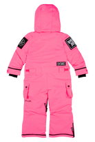 Bright pink children's snowsuit with a hood, featuring black accents and patches on the sleeves, designed for active play.