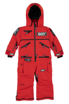 Bright red BNKY Imperial snowsuit featuring multiple zippered pockets, a hood, and stylish branding for kids.