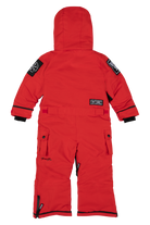 Bright red BNKY Imperial snowsuit for infants, featuring a hood and multiple pockets, designed for warmth and style.