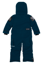 Back view of the BNKY Gibralta snowsuit in teal, featuring a hood, patches, and pockets for infants and toddlers.