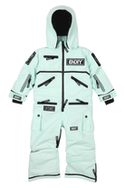 Dusty teal snowsuit with multiple pockets and patches, designed for infants and toddlers, perfect for winter adventures.