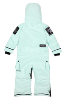 Dusty teal children's snowsuit with a hood, featuring black accents and patches, ideal for winter adventures.