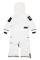 White BNKY Stalactite snowsuit featuring a hood and black accents, designed for infants and toddlers.