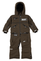 Brown children's snowsuit with multiple zippered pockets and logo patches, featuring a hood and insulated design.