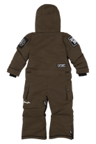 Brown insulated snowsuit for kids featuring a hood, adjustable cuffs, and logo patches on the sleeves.