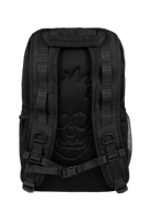 Stylish black backpack featuring a mesh back with a skull design, ideal for urban adventures and everyday use.