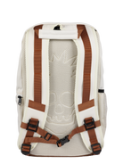 Cream-colored backpack with brown straps and mesh detailing, designed for stylish and functional use.