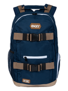 Navy backpack with tan straps and buckles, featuring multiple compartments and a mesh side pocket, perfect for kids.