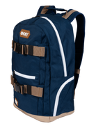 Navy backpack featuring multiple straps, zippers, and a stylish design, ideal for school or outdoor adventures.