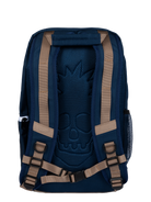 Navy backpack with mesh back, featuring a skull design and tan straps, ideal for kids' active lifestyles.