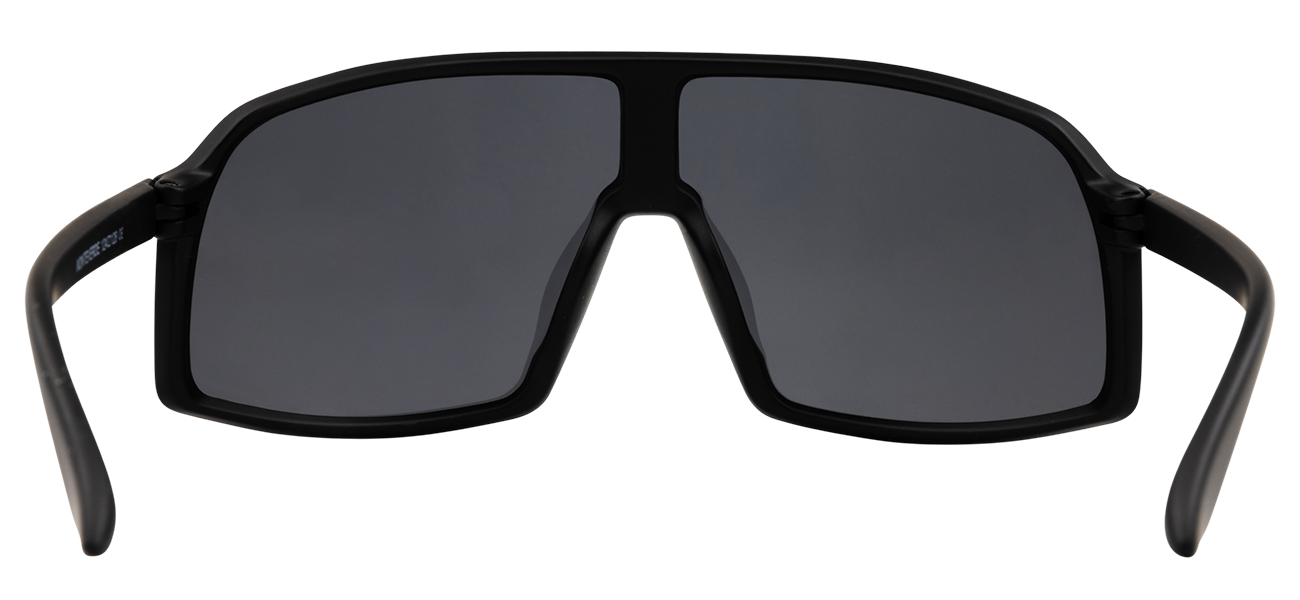 Stylish black sunglasses with a bold, oversized frame and dark lenses, perfect for kids' outdoor adventures.