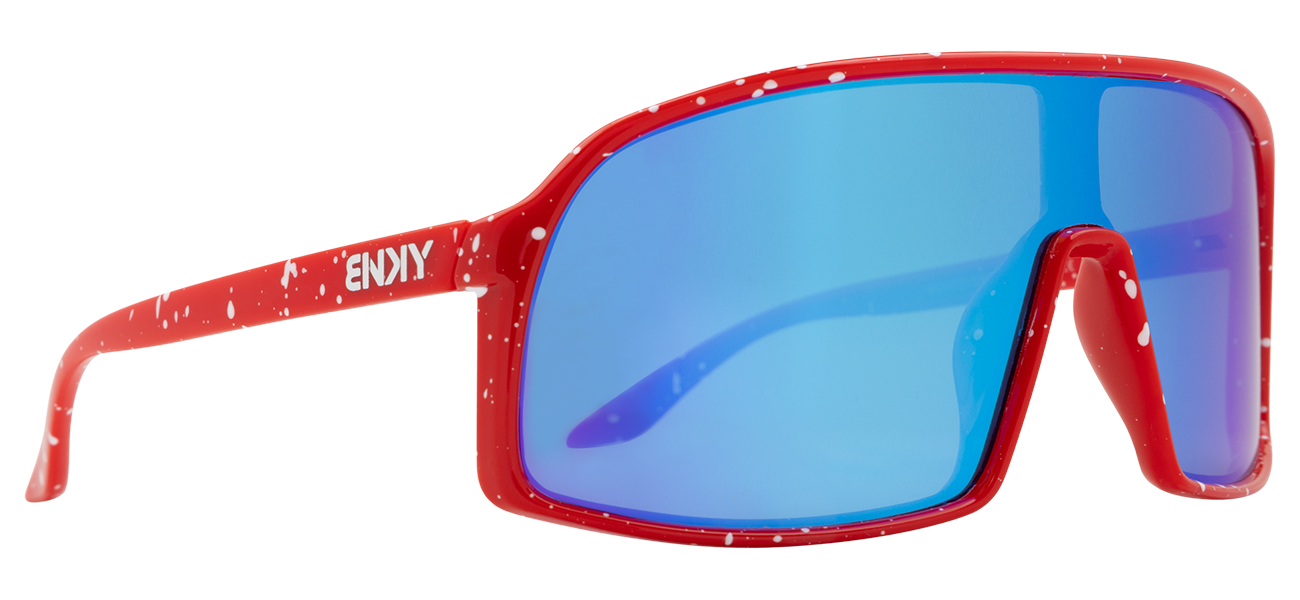 Stylish junior sunglasses in wild red with blue lenses, perfect for active kids who love outdoor adventures.