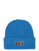 Neon blue beanie hat with a ribbed texture and a logo patch, designed for kids' stylish outdoor wear.