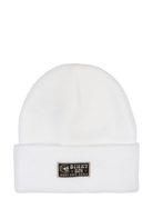 White Summit Express beanie featuring a stitched BinkyBro logo patch, designed for stylish infants and toddlers.