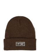Brown knit beanie with a folded cuff and a BinkyBro logo patch, perfect for stylish warmth in cold weather.