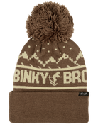 Cozy brown knit beanie with a pom-pom, featuring mountain patterns and BinkyBro logo, perfect for kids' outdoor adventures.