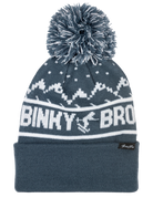 Cozy blue beanie with a pom-pom, featuring a mountain pattern and "Binky Bro" logo, perfect for stylish kids.