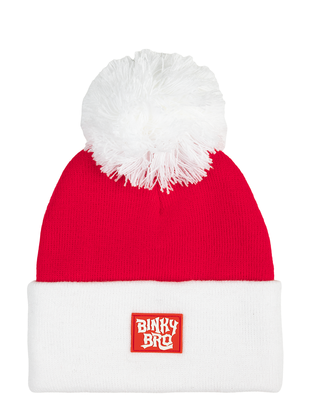 Red and white knit beanie with a fluffy pom-pom on top and a BinkyBro logo patch on the front. Perfect for winter adventures.