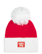 Red and white knit beanie with a fluffy pom-pom on top and a BinkyBro logo patch on the front. Perfect for winter adventures.