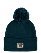 Cozy blue beanie with a fluffy pom-pom on top and a BinkyBro logo patch, perfect for stylish kids.