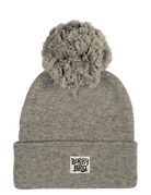 Cozy gray knit beanie with a fluffy pom-pom on top and a BinkyBro logo patch, perfect for stylish kids.