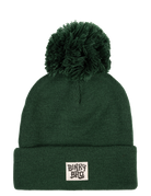 Cozy green beanie with a fluffy pom-pom on top and a BinkyBro logo patch, perfect for stylish kids.