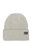 Natural waffle knit beanie in light beige with a folded cuff and BinkyBro logo, perfect for stylish kids.