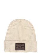 Cozy cream beanie with a folded cuff and Binky Bro Surf Co. logo patch, perfect for stylish warmth in cold weather.