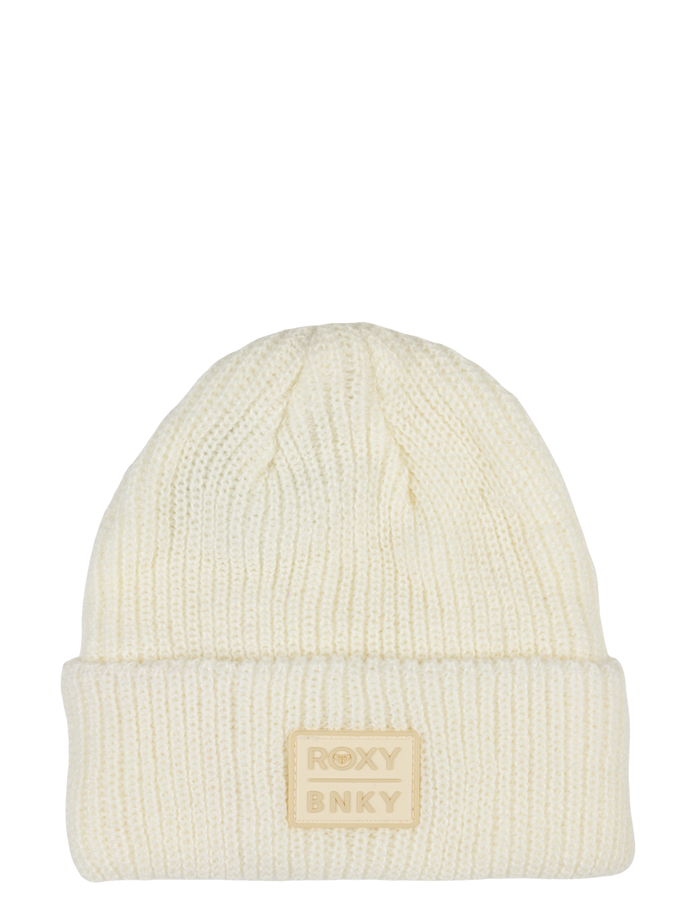 Cozy white knit beanie with a folded cuff and a stylish ROXY BNKY logo patch, perfect for kids' winter wear.